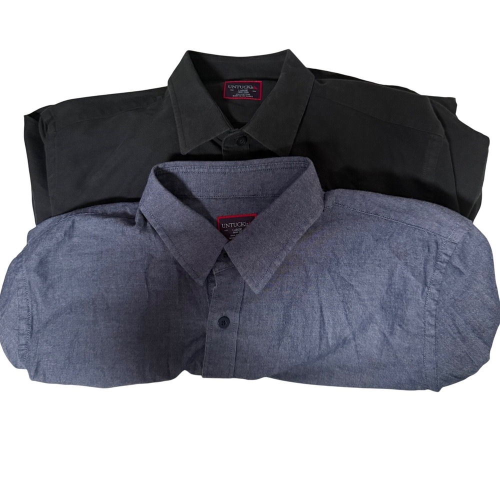 Untuckit Mens Large Slim Blue Chambray Black Polo Button Up Shirts workwear